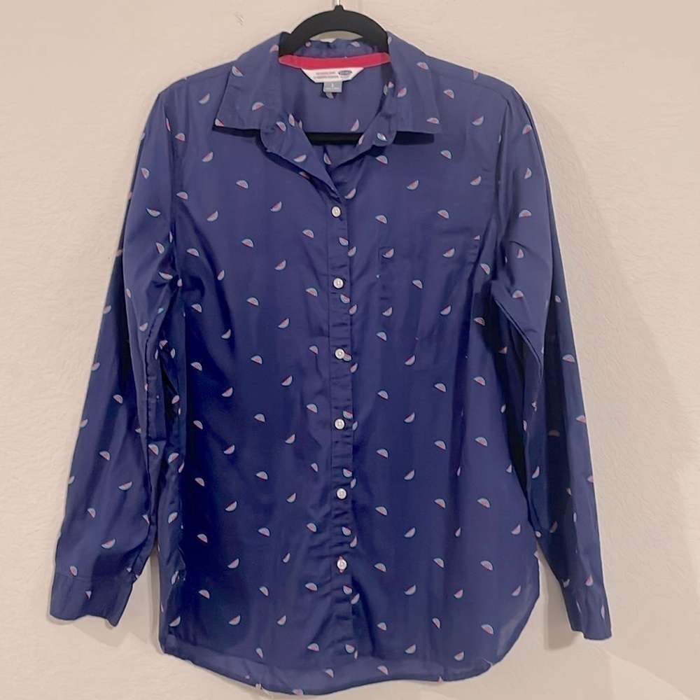 Old Navy Women Button Front Top Large Blue 100% Cotton Large Classic Preppy